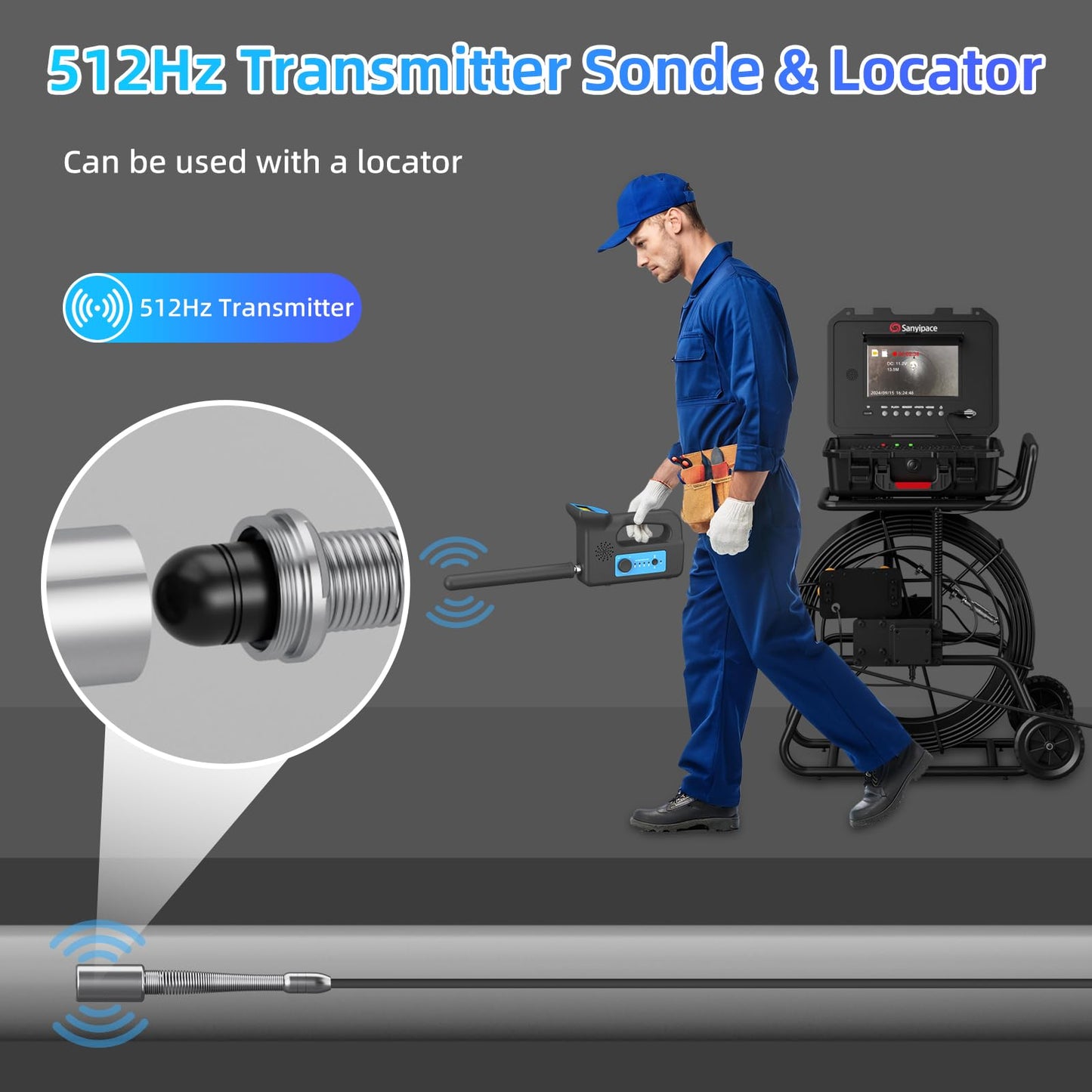 Sanyipace Sewer Camera 165FT/50M with 512Hz Transmitter, Self-Leveling, Drain Plumbing Pipe Inspection Camera with Mic Speaker, DVR Recorder, 16GB TF Card, 9mm Rigid Cable, Pipe Pulley Guide Wheel
