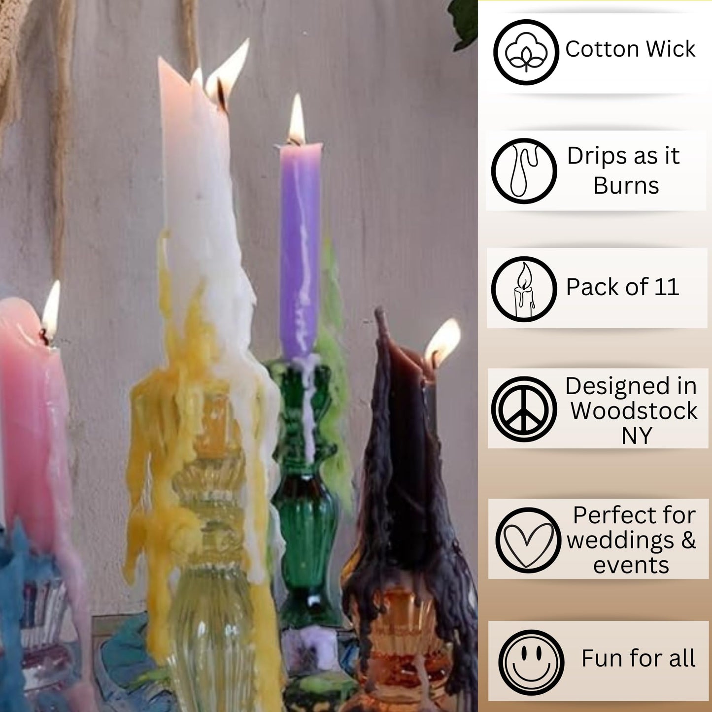 Candlestock Hippie Drippy Drip Candles - Pack of 11 Dripping Taper Candles - Wine Bottle Melting Candles (White)