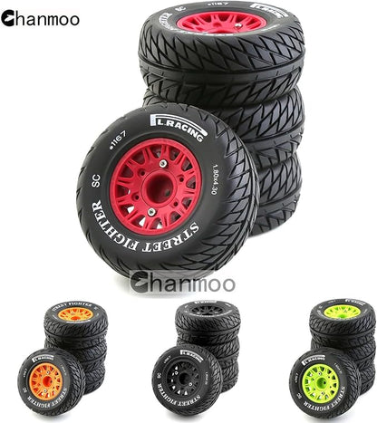 1/10 RC Short Course Truck Tires And Wheels With 12mm 14mm 17mm Hex 113mm 1/8 Rubber Tyres For 1/8 or 1/10 Scale On Road Car HSP Sonic 94102 GT PTG-2 Tamiya TT02 RC Racing Car 4PCS (Orange B)