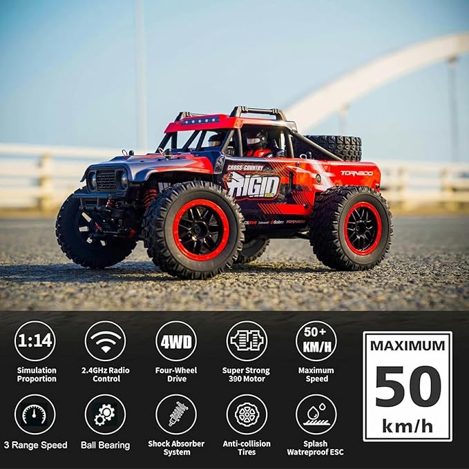 1/14 RC Car Off Road RC Truck 4x4 Remote Control Car Hobby Buggy All Terrain High Speed 30+MPH 4WD with 390 Brushed Motor Proportional Throttle Steering Metal Chassis Ball Bearing Adult