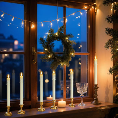 DRomance Christmas Flameless Window Taper Candles Battery Operated with Remote and Timer, 6 Pack Ivory Plastic Dripping LED Flickering Candles with Suction Cups Holiday Indoor Decor(Gold Holders)