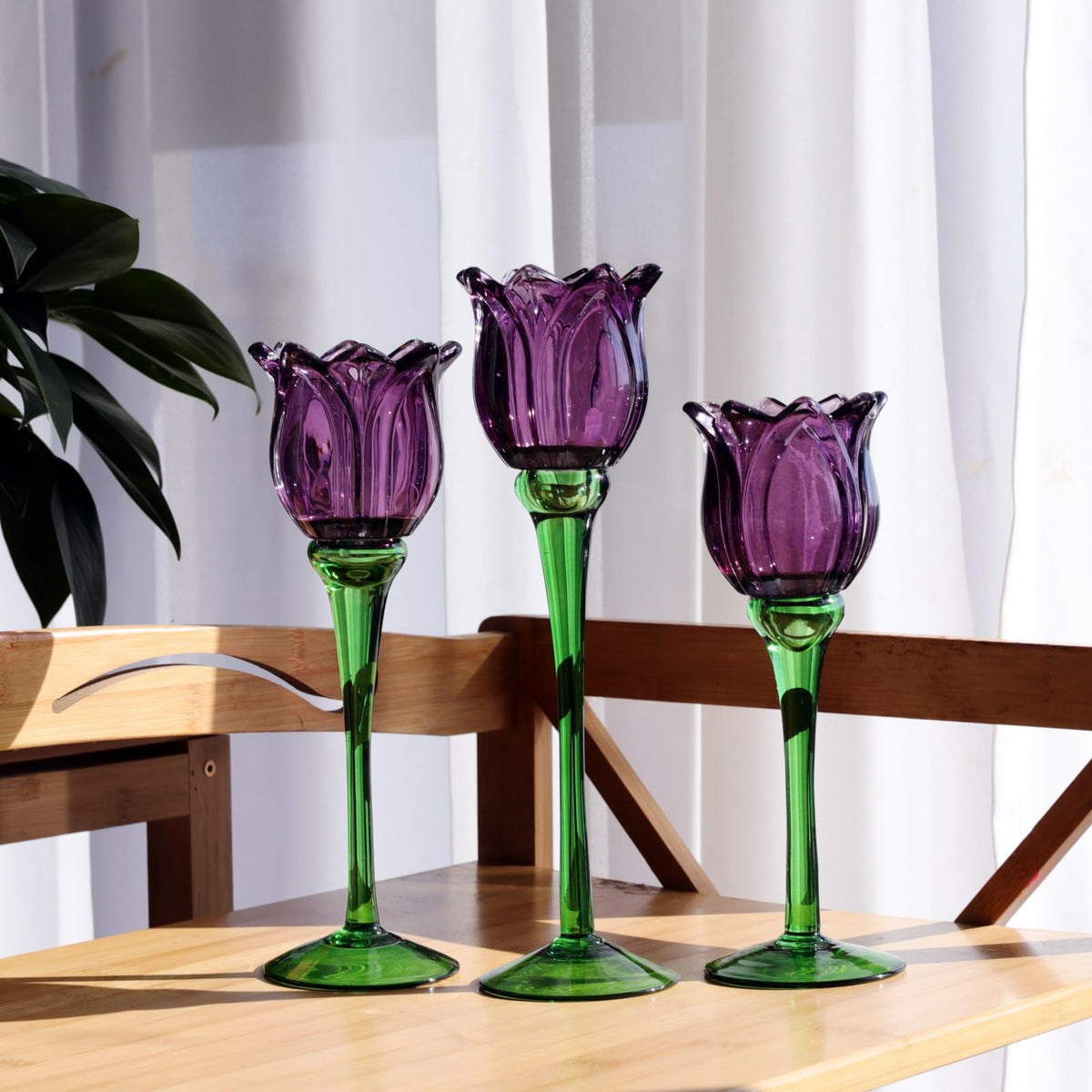 VOHO Purple Tulip Tealight Candle Holder Set of 3, Glass, Purple, Floral, Holidays, Wedding, Romance, Easter, Halloween, Thanksgiving, Christmas, Anniversary & Engagement, Tabletop, 3.15'' x 10.83''