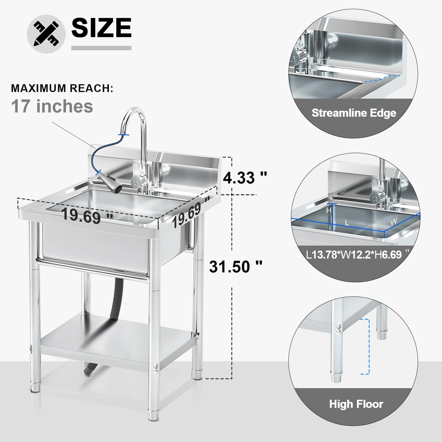 20Inch Stainless Steel Utility Sink, Commercial Single Bowl with Hot & Cold Water Lines, Drain Kit + Base Plate for Kitchen, Garage, Laundry