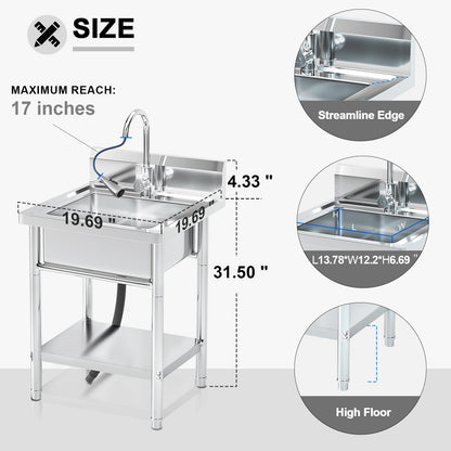 20Inch Stainless Steel Utility Sink, Commercial Single Bowl with Hot & Cold Water Lines, Drain Kit + Base Plate for Kitchen, Garage, Laundry