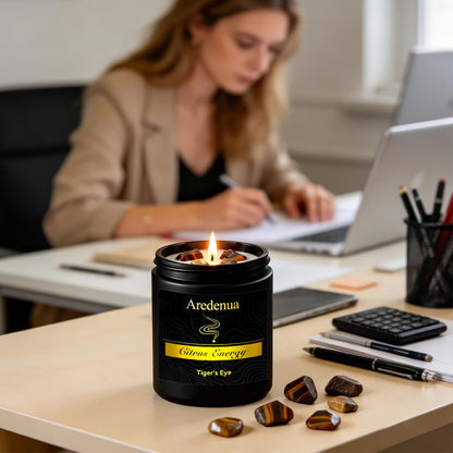 Aredenua Crystal Candle with Tiger Eye Healing Crystals, Citrus Aromatherapy Candle for Confidence, Natural Soy Wax Scented Candle with Real Gemstone, 7oz Long Burning, Motivational Chakra Gift