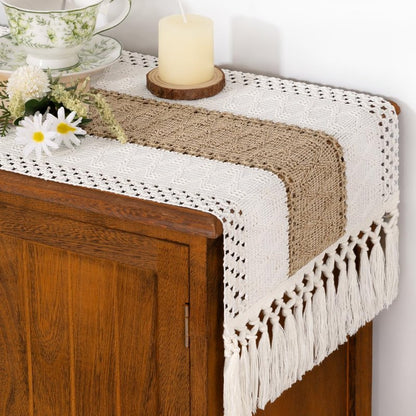 Socomi Boho Table Runner Summer Farmhouse Rustic Dining Kitchen Centerpiece Decor Small Macrame Woven Cotton Linen Coffee Table Runner for Dresser Scarf Home Decor 12x90 inch