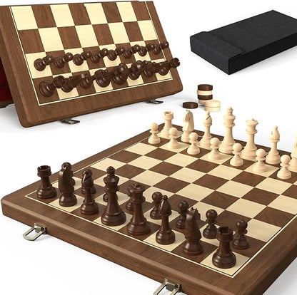 Premium Natural Walnut 15 Magnetic Wooden Folding Chess &amp Checkers Set- 2 in 1 Board Game with 3 King Staunton Pieces and 2 Extra Queens Checkers and Dust-Proof Storage Bag (Red)