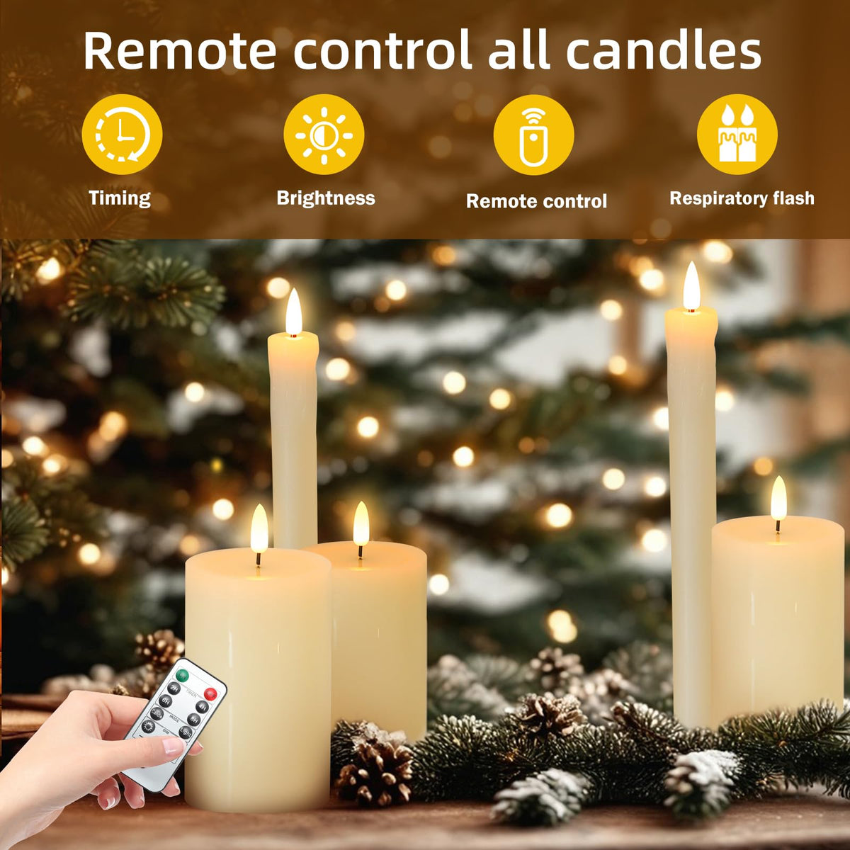 Hinabichan Real Wax LED Flameless Candles with Remote Timer, 4 Pcs Ivory Battery Operated Window Candle with 3D Flickering Flame for Fireplace Xmas Halloween Wedding Decor (9.5" Taper & 5" Pillar)