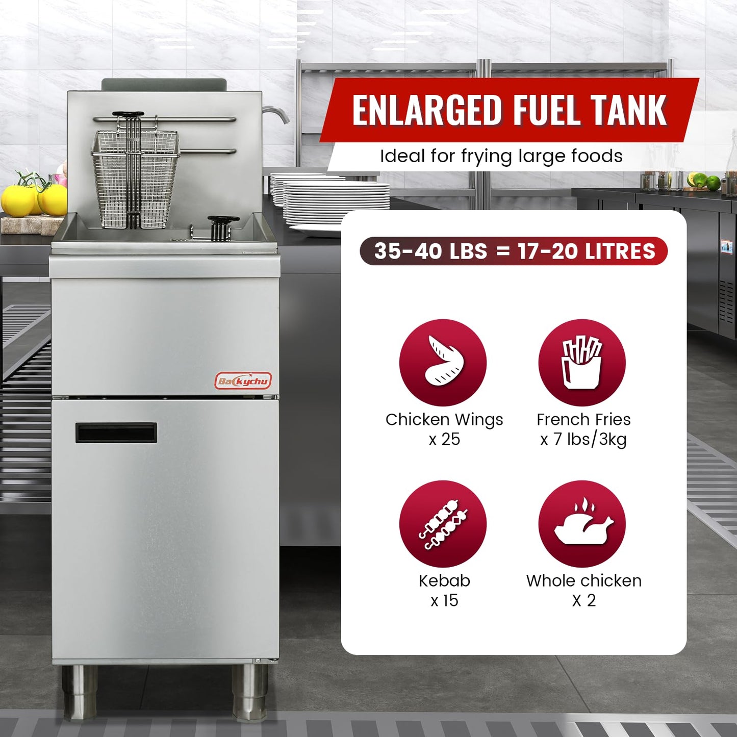 Backychu Commercial Deep Fryer -3-Burner Liquid Propane Fryer CSA, 35-40 lbs Capacity, 90,000 BTU/h Adjustable Thermostat 200°F-400°F, Stainless Steel Gas Liquid Propane Deep Fryer for Restaurants