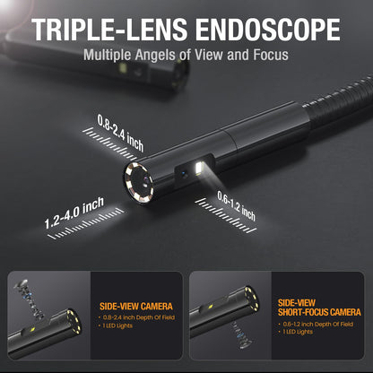 Triple Lens Borescope Inspection Camera, Teslong Professional Endoscope with Light, Digital Video Scope Camera, 5" IPS Screen, Waterproof Flexible Cable for Automotive/Home/Wall/Pipe/Car (16.5FT)