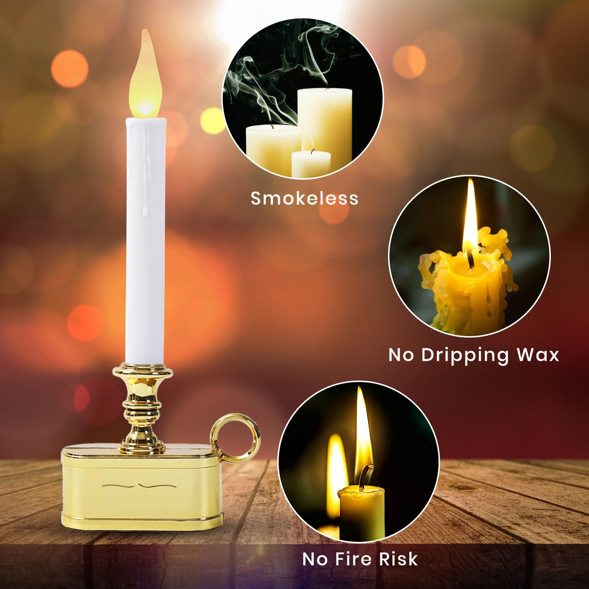 LitTerra Window Candles 2AA Battery Operated with Timer 8 Hours On and 16 Hours Off Led Warm White with Flicker Flame (Gold Base) Battery Not Included