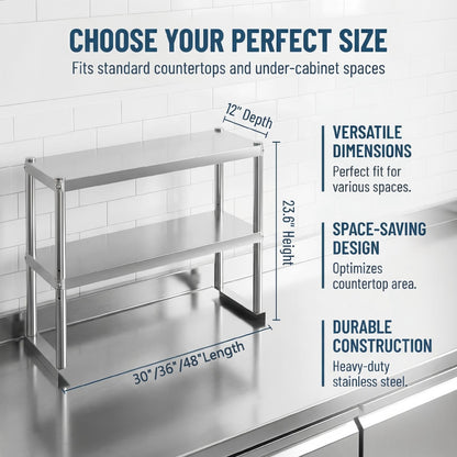 KUARBARR Stainless Steel Over Oven Shelf 12 x 36 Inch, Commercial 2 Tier Metal Over Table Shelf, 91 x 30 x 60 cm, 380 lbs Capacity for Restaurant, Kitchen, Garage & Workshop