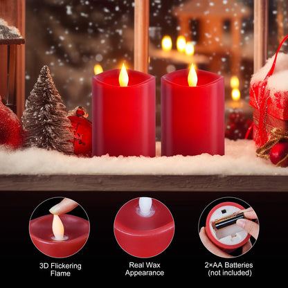 milysoek 3x4 Flickering Flameless Candles Set of 2,Real Wax led Candles Flickering,with Timer,4 inch Flameless Candles with Remote,Battery Operated Candles,for Party Wedding Holiday Home Decor,Red