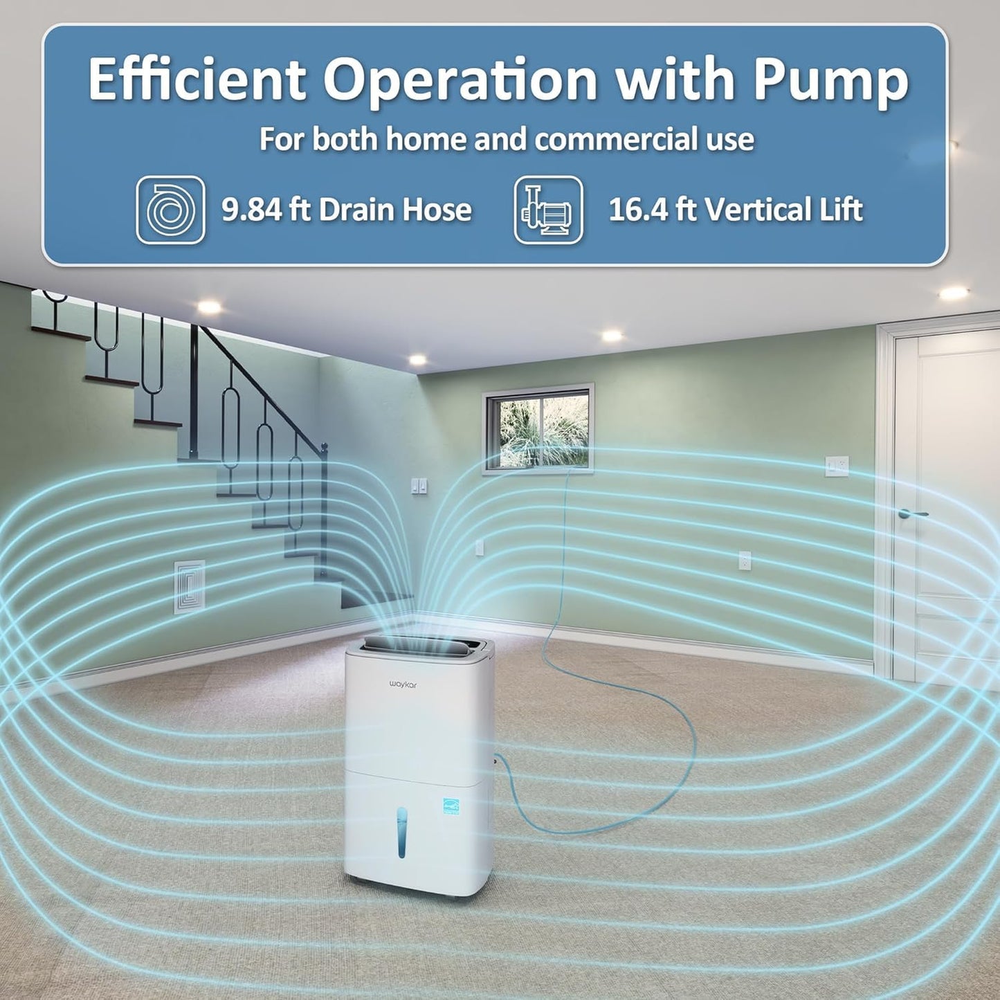 Waykar 150 Pints 2025 Energy Star Dehumidifier with Pump for Spaces up to 7,000 Sq. Ft. at Commercial and Industrial Large Room, Warehouse, Home, Basement, with Drain Hose, Auto Defrost, Self-Drying