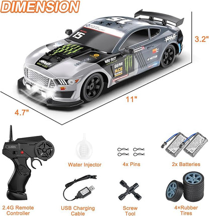 Dollox Remote Control Car 1/16 Scale RC Drift Car 2.4GHz 4WD High Speed 18+KM/H Vehicle with LED Lights and Spray Extra Drifting Tires Racing Vehicle Toys Birthday Gifts for Adults Boys 2 Batteries