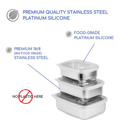 Sustainable Containables Stainless Steel Food Storage Containers with Clear Platinum Silicone Lids, Airtight, Leakproof 18/8 (304) Food Grade SS Nested 3Pk 20/30/40 oz Plastic-Free