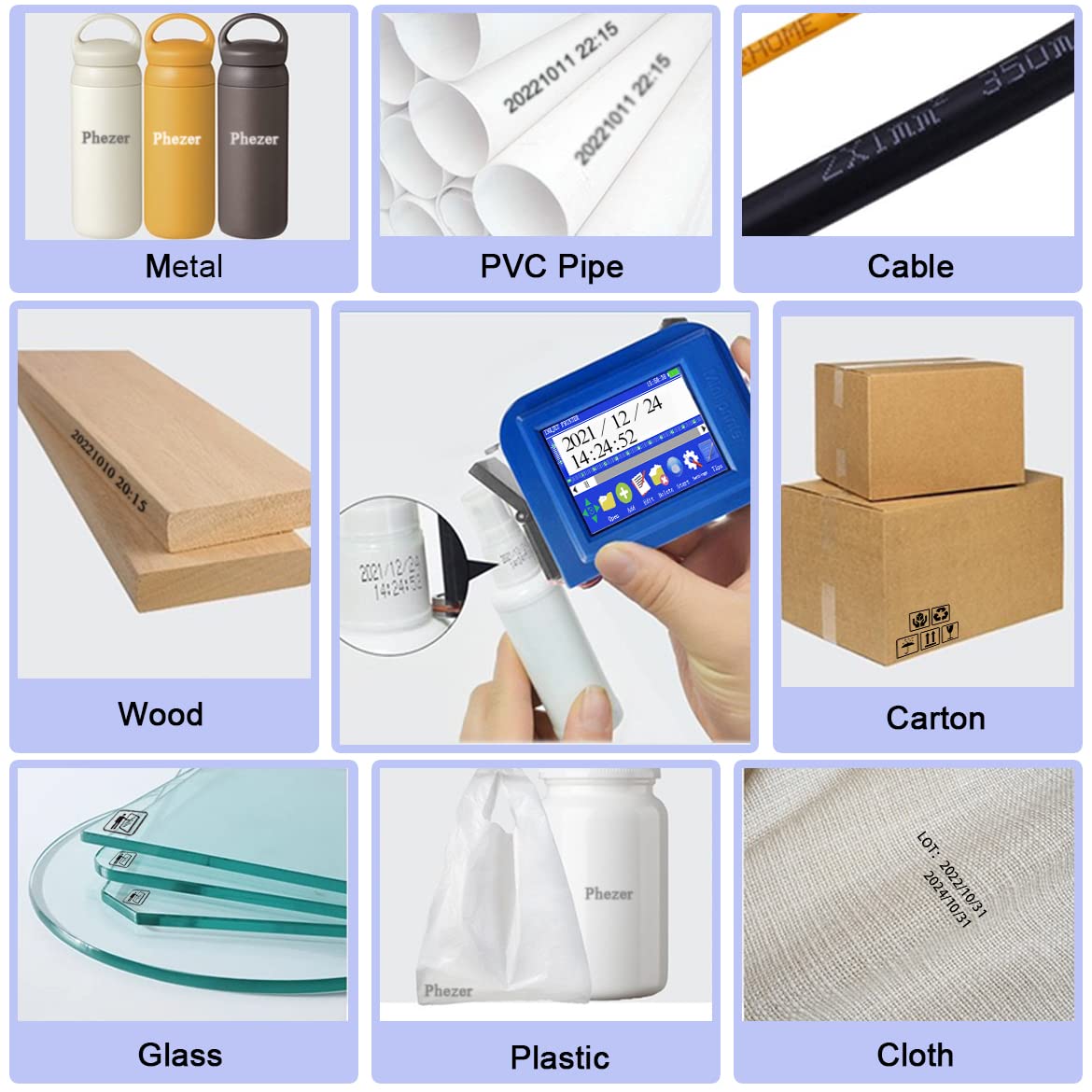 Phezer Upgraded Mini Inkjet Printer for Flat and Curved Surface PC11 Plus, 25 Languages & Quick-Drying Ink Cartridge, Portable Pocket Marking Device for Date Time Barcode Logo Qrcode Batch Number