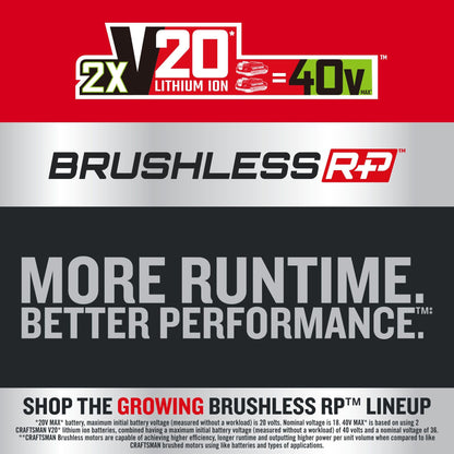 CRAFTSMAN V20 BRUSHLESS RP 21 in Rear Wheel Driver Mower, 2 x 9Ah Batteries and 2 Chargers Included, Up to 70 Min of Runtime, Self-Propelled, LED Headlights, Dual Blades (CMCMWSP320X2)