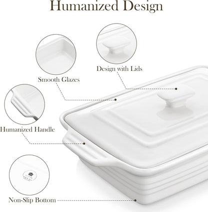 MALACASA Casserole Dish - 4.4 Qt Porcelain Baking Dish with Lid & Handles | Microwave Safe, White