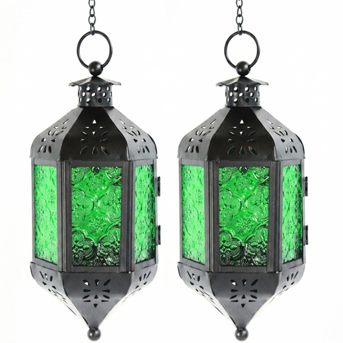Vela Lanterns Hanging Moroccan Lamp - Exotic Decorative Patio & Porch Decor, Indoor Outdoor Tea Light Candle Lantern Holder with Chain (11" Medium, Green Glass, 2-Pack)