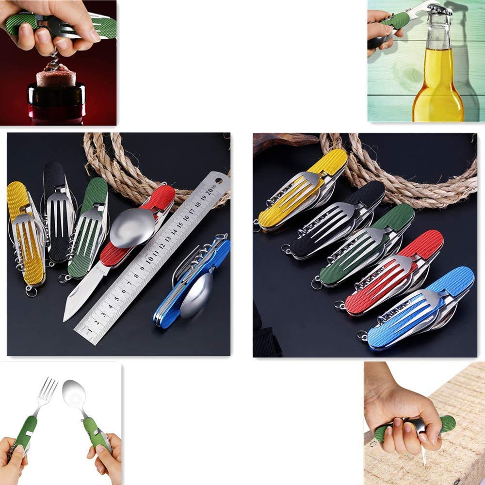 6-in-1 Multi-Function Camping Utensil Flatware Set Detachable Spoon Fork Knife Combo Mess Kit with Carrying Pouch (Black + Gold + Green)