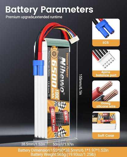 4S Lipo Battery 6500mAh 14.8V RC Battery 100C with EC5 Connector Soft Case Fit for 1/7 1/8 Scale RC Car Truck Vehicles Tank Boat Airplane Helicopter Quadcopter Models (2Packs)