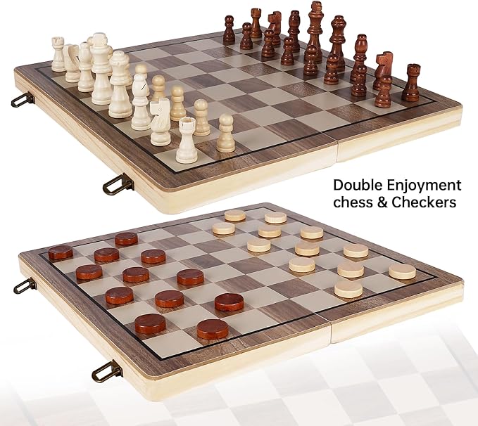 15 Inch Wooden Chess SetsChess &amp Checkers Set with 2 Extra QueensFoldable Wooden Chess Set Board for AdultsHandmade Portable Chess Board Game for Familly Travelling Gift