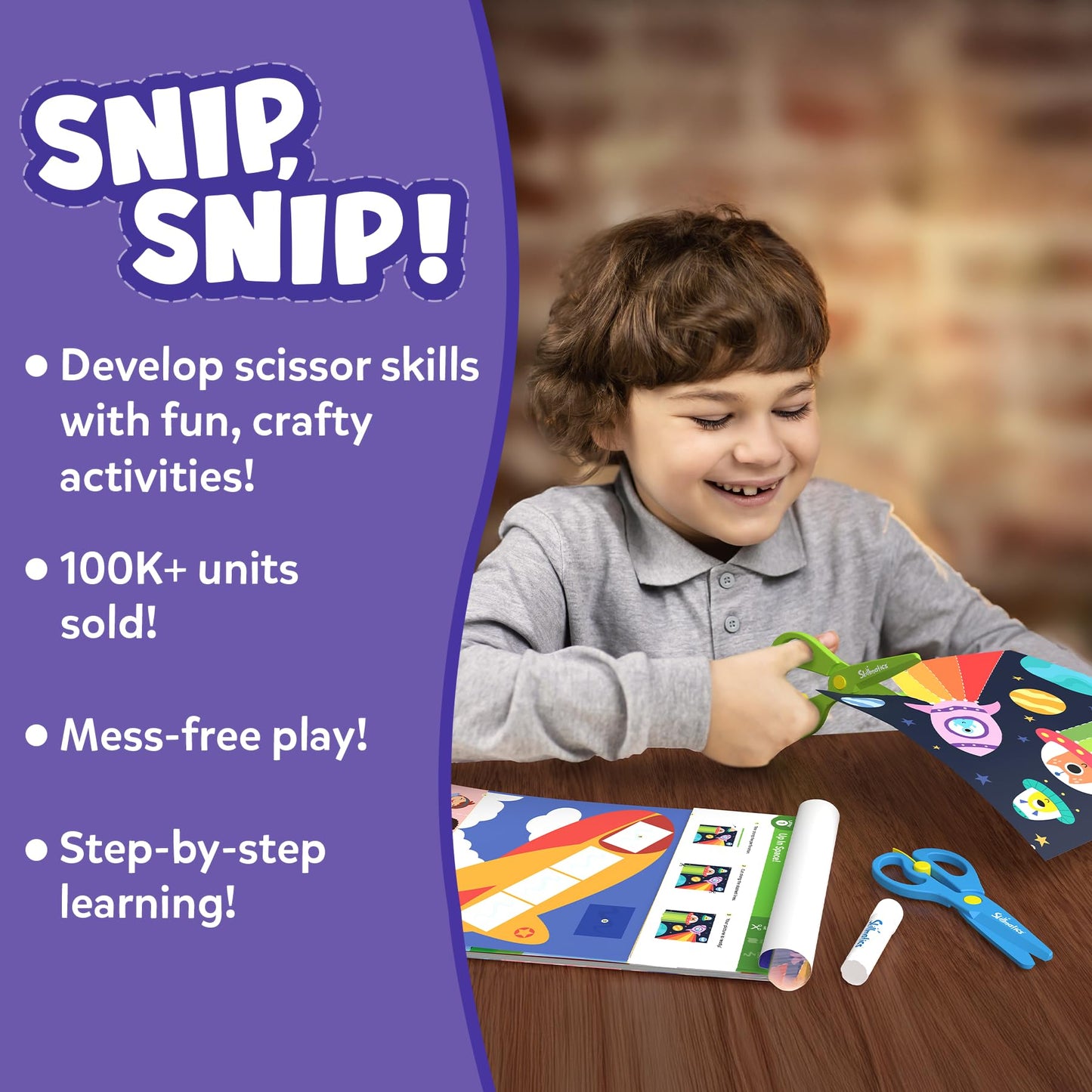 Skillmatics Scissor Skills Activity Book - Snip Snip, 25 Fun Cutting & Creative Activities for Preschoolers, 2 Child-Safe Scissors, Fine Motor Skills Craft Kit, Gifts for Kids Ages 3, 4, 5, 6, 7