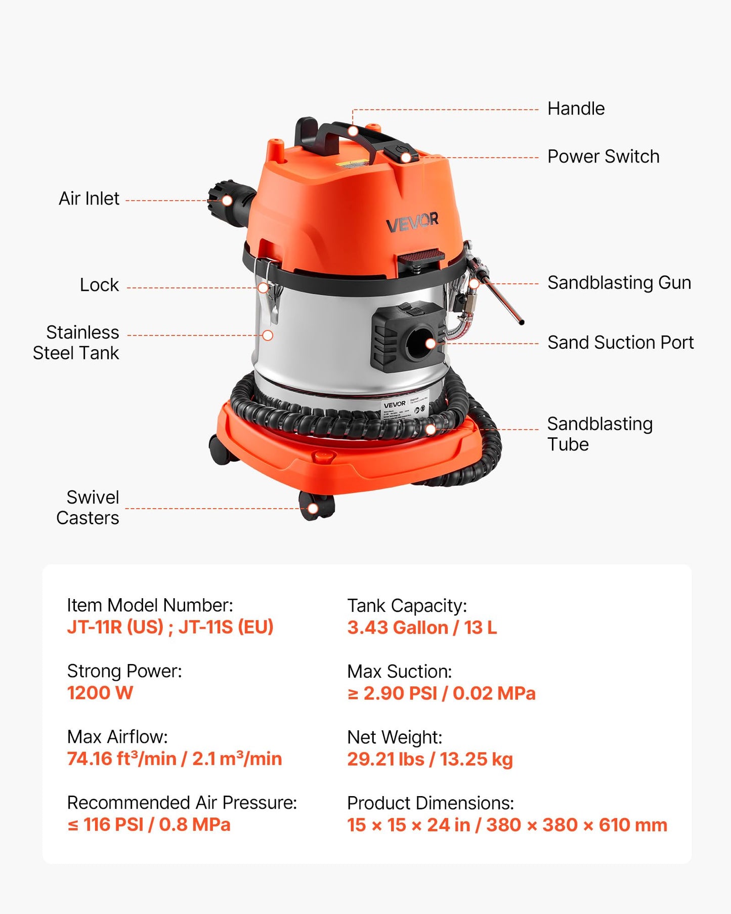 VEVOR Walnut Blaster Kit for Carbon Cleaning, 1200W Sand Blaster with Built-in Vacuum, Extension Nozzle Sandblaster Gun, and 5.5lbs Walnut Shell for Engine Intake Valve Cleaning - 13L