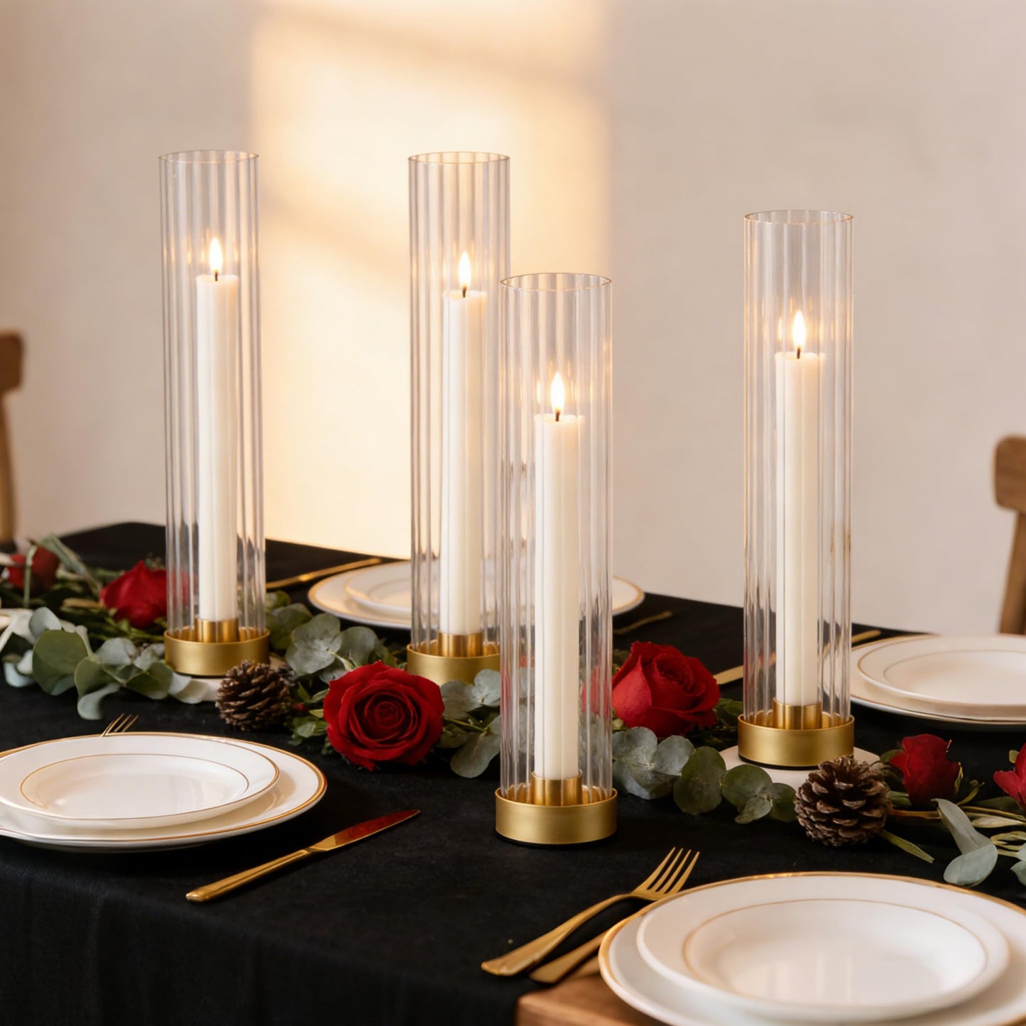 Hurricane Candle Holders Golden Taper Candle Sticks Holder, with 11" Thickened Glass Cylinder Covers Ribbed Candlesticks Holders Bulk Set of 4, Dining Table Centerpiece for Wedding