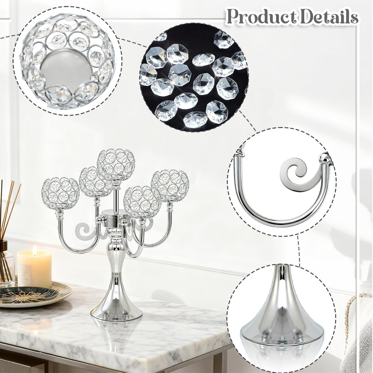 5 Arm Metal Crystal Candelabra Centerpiece - 13.4 Inch Elegant Candle Holder with Crystal Beads for Wedding Party Christmas Home Dining Table Decoration (2, Silver)