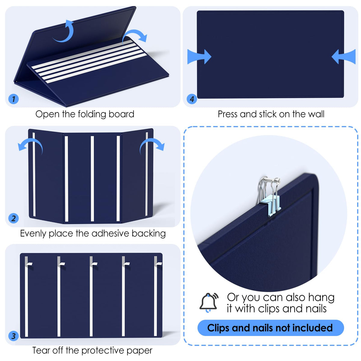 MaxGear Extra Large Bulletin Board 60" x 36", Foldable Felt Board Vision Board Supplies, Cork Board for Office, Home, School, Small Pin Boards for Walls Decorative Display Board Dark Blue
