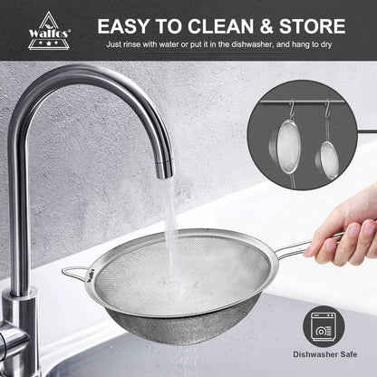 Walfos Extra Fine Mesh Strainer Set of 4-9.35", 6.95", 4.6", 2.7", Stainless Steel 30 Mesh Sieve with Sturdy Handle, Kitchen Food Strainers Sifters for Quinoa, Pasta, Fruits, Vegetables, Rice, Tea
