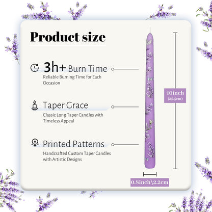 Taper Candles 10 Inch Print Candle Handmade Unscented Lavender Long Candles 2 Pack Twisted Candlesticks for Wedding Home Decoration Gifts