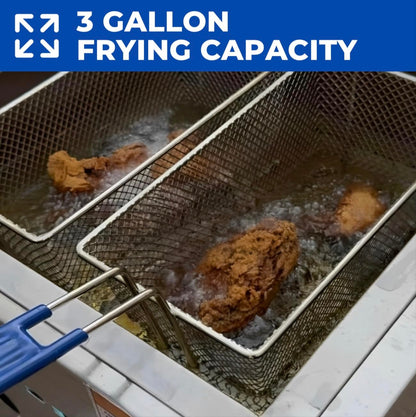 Deep Fryer Cart | 3 Gallon Single Tank | 2 Frying Baskets | 2 Pan Steam Table | Portable 4 Wheel | Stainless Steel | Frying Thermometer | Outdoor Propane Fryer for Chicken, Fish, & More