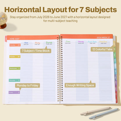 SUNEE Teacher Planner 2026-2027 Academic Year, 7 Periods Lesson Plan Book Jul 2026 - Jun 2027, 8.5"x11"Daily Weekly Monthly Organizers Horizontal Layout with Calendars, Bookmark, Tabs, Pastel Bubbles