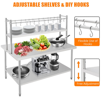 BouPower 60" x 36" Stainless Steel Table with Shelves, Commercial Work Table with 2-Tier Adjustable Overshelves, Heavy Duty Metal Prep Tables for Commercial Kitchen Restaurant Garage Warehouse