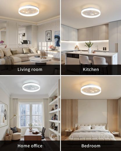 PUSU 15.8" Low Profile LED Ceiling Fans with Light, Reversible Flush Mount with Remote and 6 Winds Speeds Fan Lighting, 3 Colors Dimmable for Bedroom, Garage, Dinning Room, Kitchen (White)