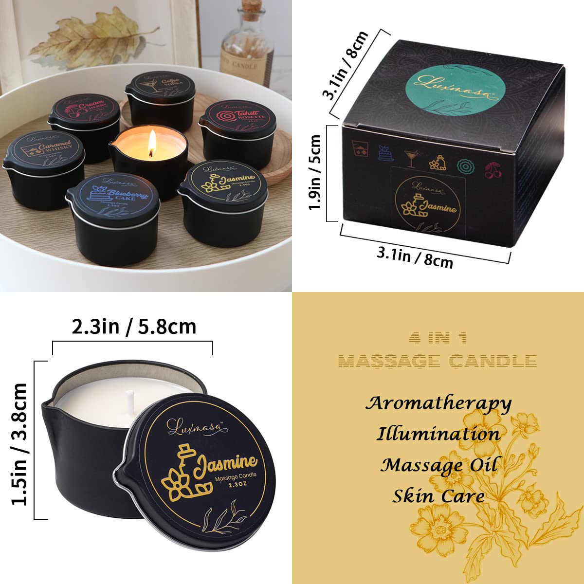 LUXMASA Low Temperature Pure Natural Soybean Oil Massage Candle, Jasmine Scented Aromatherapy Candle for Body Treatment and Skin Moisturizing 2.35 OZ