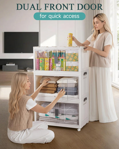 OlarHike 97QT Stackable & Lockable Storage Bins with Lids - Folding Storage Box with Doors and Wheels, Collapsible Plastic Drawers for Closets and Organization, Garage, Shelves, Gifts, 3 Pack Cubes