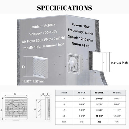 SAILFLO 8 Inch Window Shutter Exhaust Fan, 9.5 x 9.5 Inch Cutout, 300CFM 30W Wall-Mounted Ventilation Fan Air Intake Extractor for Bathroom Home Bedroom Attic, φ8 Inch Impeller