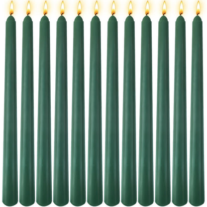 12 Pack 10 inch Hunter-Green Taper Candle Set for Holiday Dinner Party, Unscented Long Candlesticks, Dripless and Smokeless, 7-8 Hours Burn