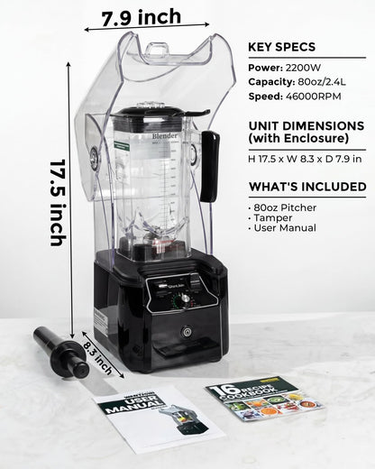 WantJoin Professional Commercial Blender With Shield Quiet Sound Enclosure 2200W Industries Strong and Quiet Professional-Grade Power, Self-Cleaning, Black