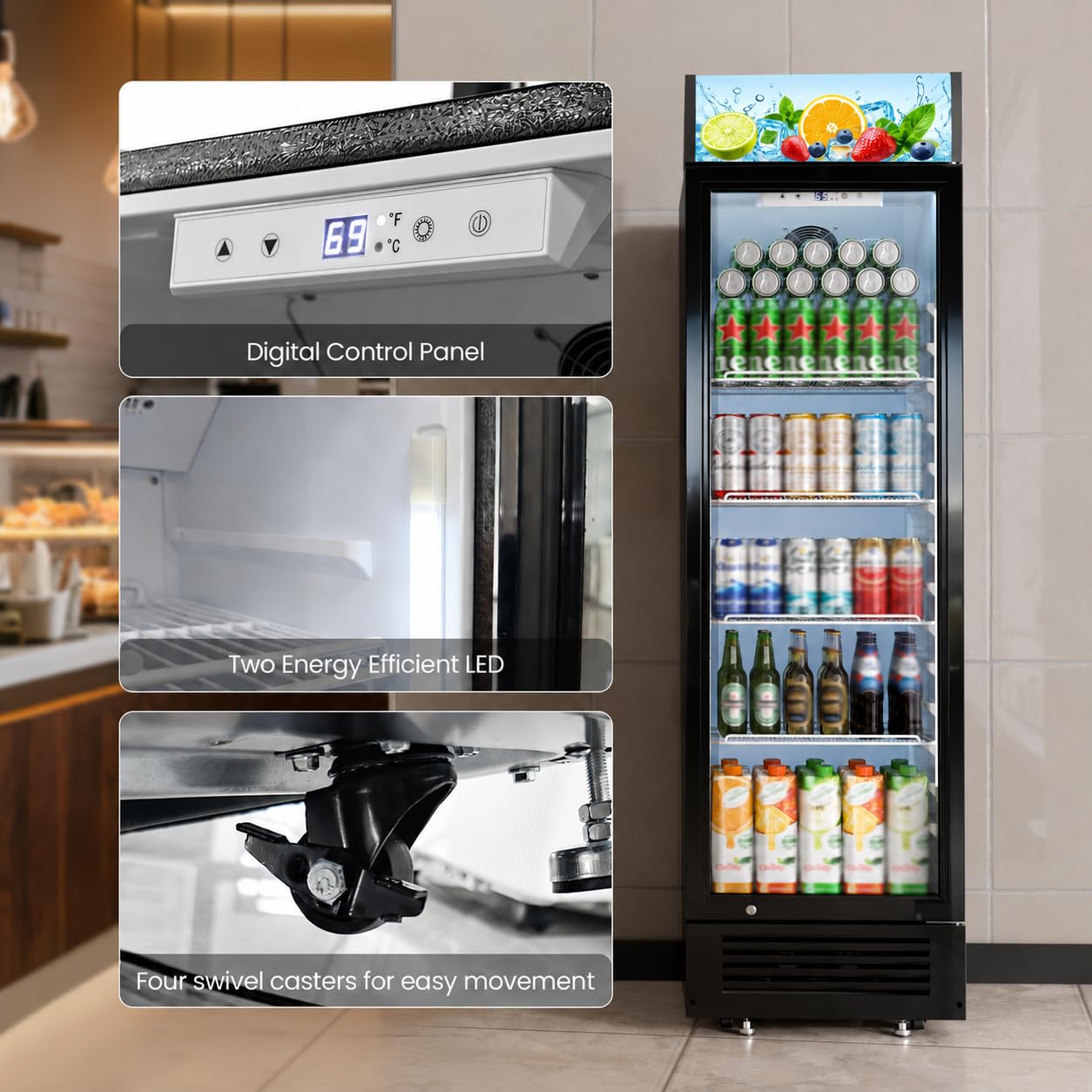 Kismile 9.1 Cu.Ft Large Commercial Refrigerator with Customizable Lightbox, Display Fridge with Wheels, Lock & Key, Double-Tempered Glass Beverage Refrigerator for Bar, Restaurant, Outdoor