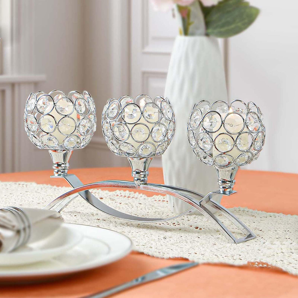 Crystal Tealight Candle Holder Centerpiece Home Decorative Candlestick Holder Elegant Table Centerpiece Home Decor Wedding Party Anniversary (Silver, 3 Arm)