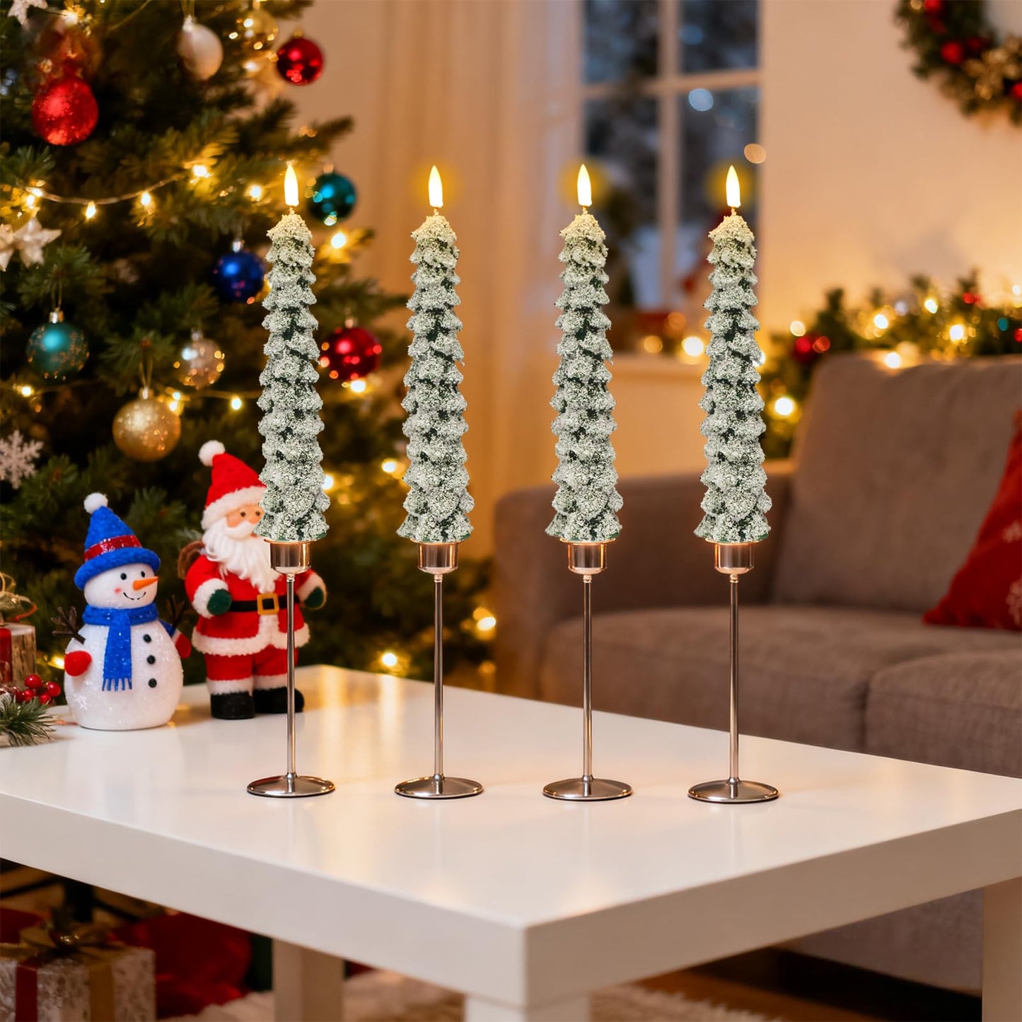 DRomance Christmas Tree Flameless Taper Candles with Remote Timer Battery Operated Flickering LED Candlesticks Real Wax Snowflake Glitters Holiday Indoor Decor(4 Pack, 0.78" D x 9.8" H)