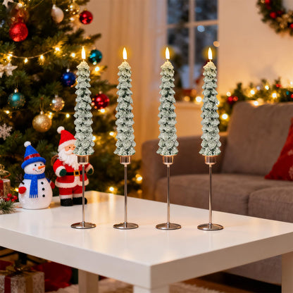 DRomance Christmas Tree Flameless Taper Candles with Remote Timer Battery Operated Flickering LED Candlesticks Real Wax Snowflake Glitters Holiday Indoor Decor(4 Pack, 0.78" D x 9.8" H)