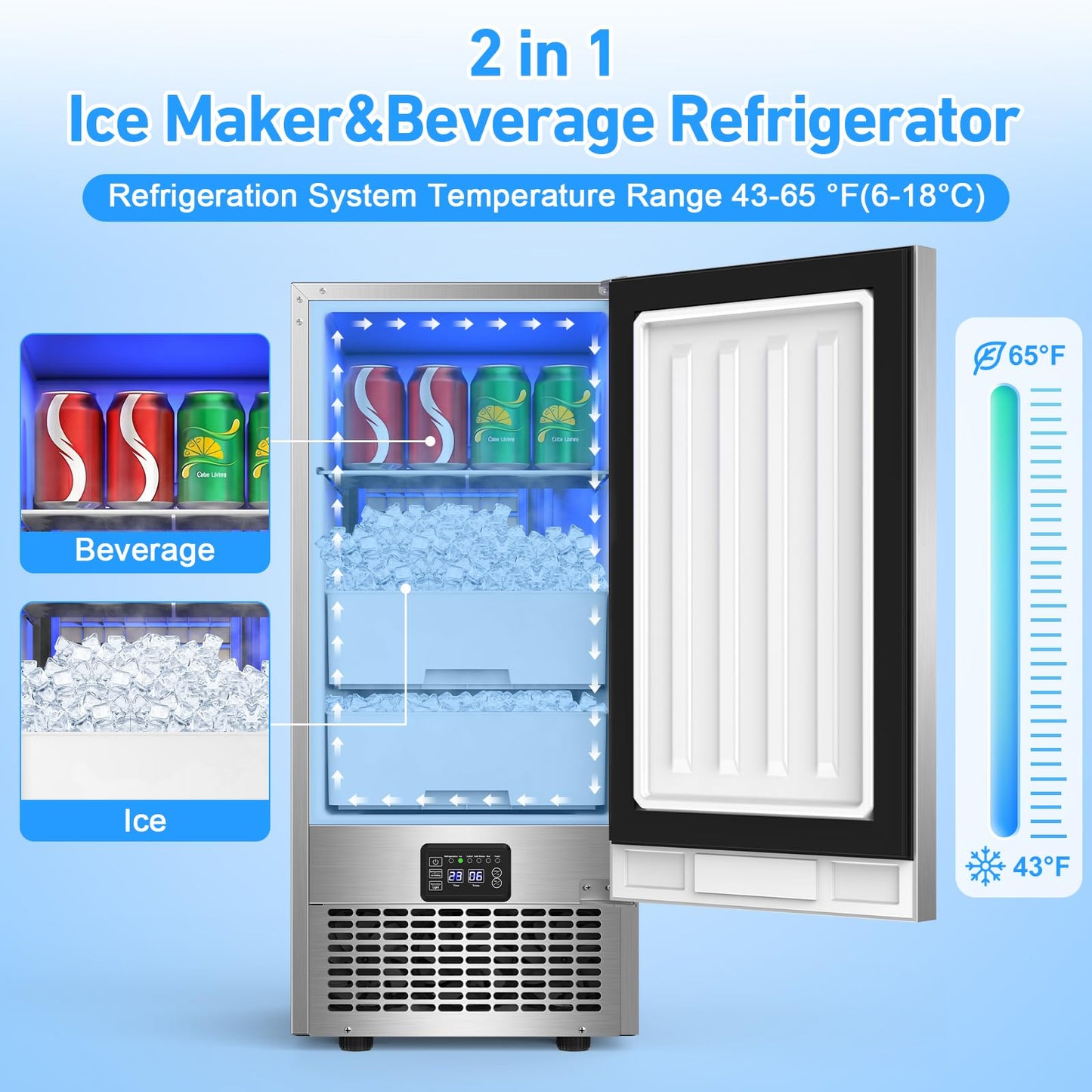 Under Counter Ice Maker 120lbs/24h, 2 in 1 Commercial Ice Machine & Beverage Refrigerator with 2 Drawers & 30lbs Storage, Stainless Steel Reversible Door, Adjustable Ice Thickness for Home Bar Kitchen