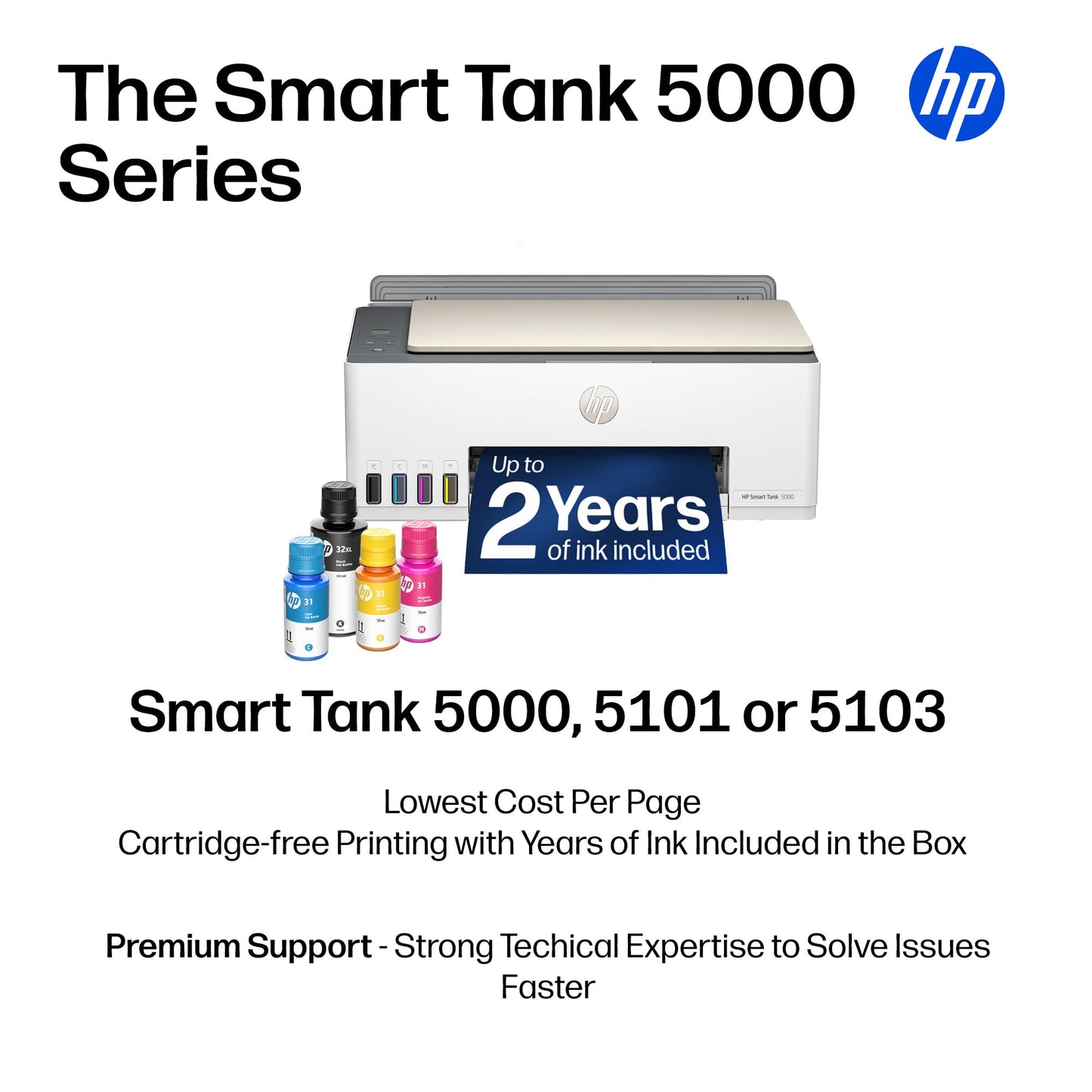 HP Smart Tank 5101 Wireless All-in-One Refillable Printer, Scanner, Copier with 2 years of Ink included, Wireless printer-for-home use. (1F3Y0A)
