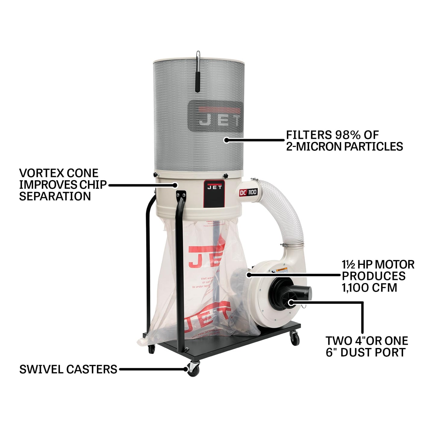 JET Vortex Cone Dust Collector with 2-Micron Canister Filter, 1-1/2 HP, 115/230V 1Ph (DC-1100VX-CK)